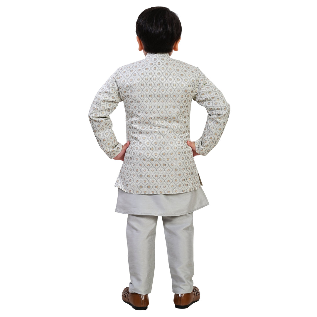 Boys Geometric Jacquard Indo Western Sherwani with Kurta Pajama - Grey | SHOBITAM