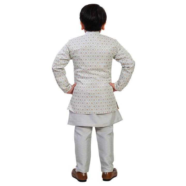 Boys Geometric Jacquard Indo Western Sherwani with Kurta Pajama - Grey | SHOBITAM