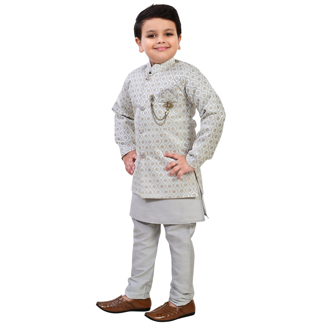 Boys Geometric Jacquard Indo Western Sherwani with Kurta Pajama - Grey | SHOBITAM