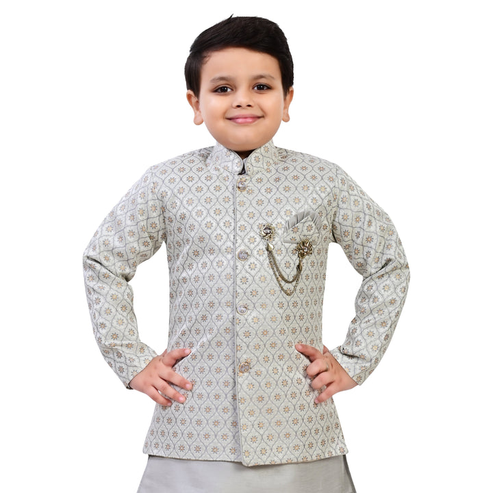 Boys Geometric Jacquard Indo Western Sherwani with Kurta Pajama - Grey | SHOBITAM