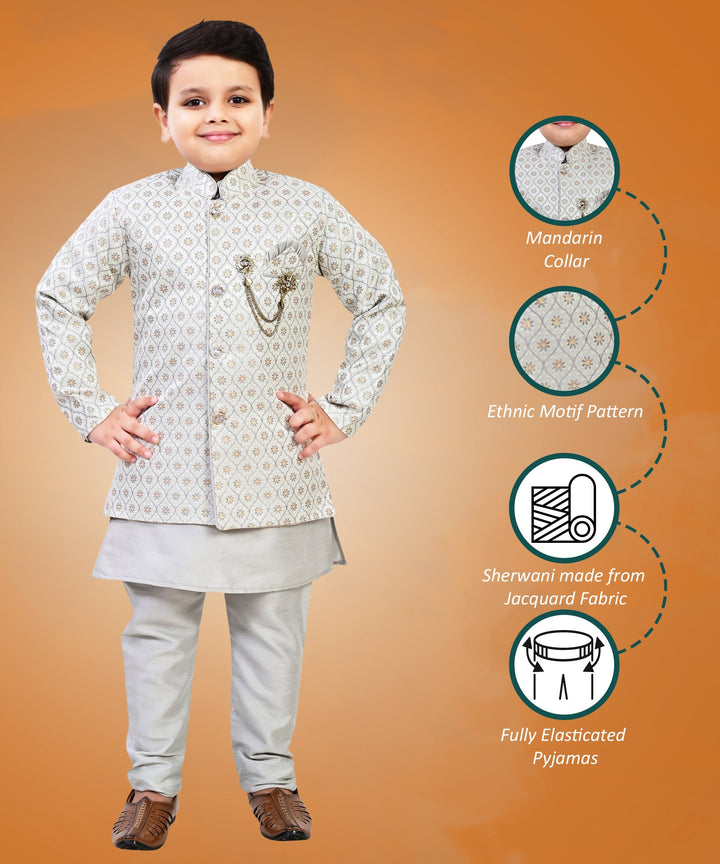 Boys Geometric Jacquard Indo Western Sherwani with Kurta Pajama - Grey | SHOBITAM