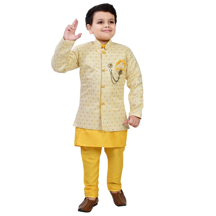 Boys Geometric Jacquard Indo Western Sherwani with Kurta Pajama - Yellow | SHOBITAM