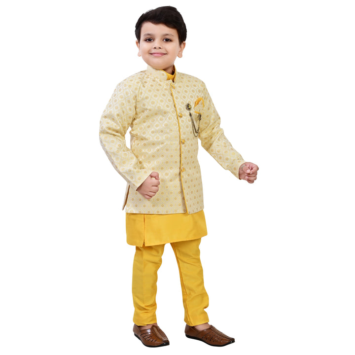 Boys Geometric Jacquard Indo Western Sherwani with Kurta Pajama - Yellow | SHOBITAM