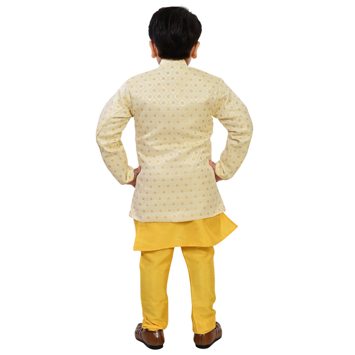 Boys Geometric Jacquard Indo Western Sherwani with Kurta Pajama - Yellow | SHOBITAM