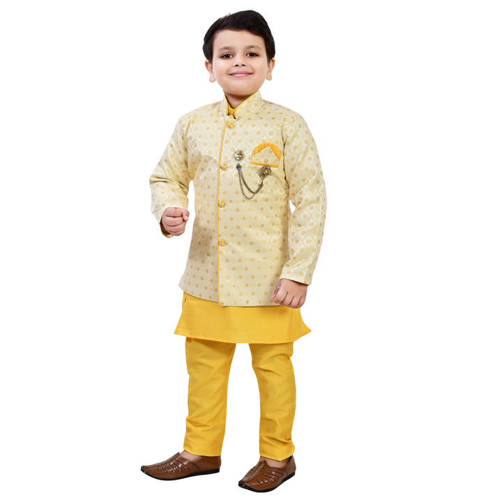 Boys Geometric Jacquard Indo Western Sherwani with Kurta Pajama - Yellow | SHOBITAM