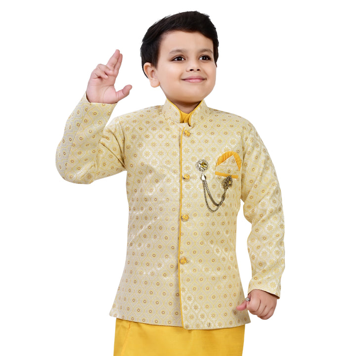 Boys Geometric Jacquard Indo Western Sherwani with Kurta Pajama - Yellow | SHOBITAM