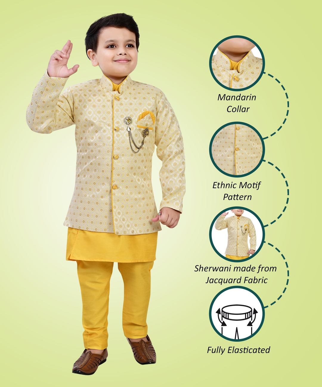 Boys Geometric Jacquard Indo Western Sherwani with Kurta Pajama - Yellow | SHOBITAM