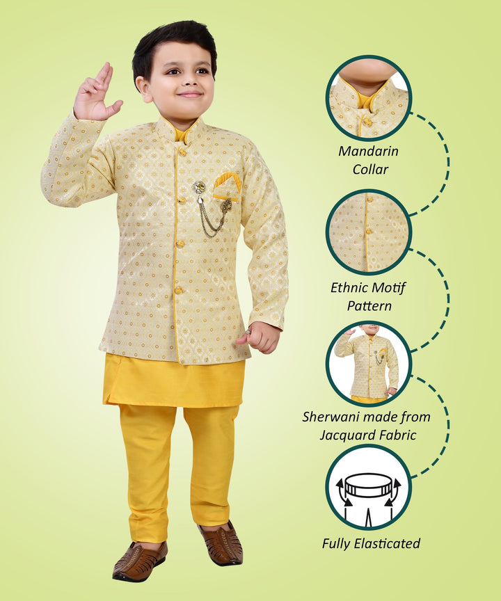 Boys Geometric Jacquard Indo Western Sherwani with Kurta Pajama - Yellow | SHOBITAM