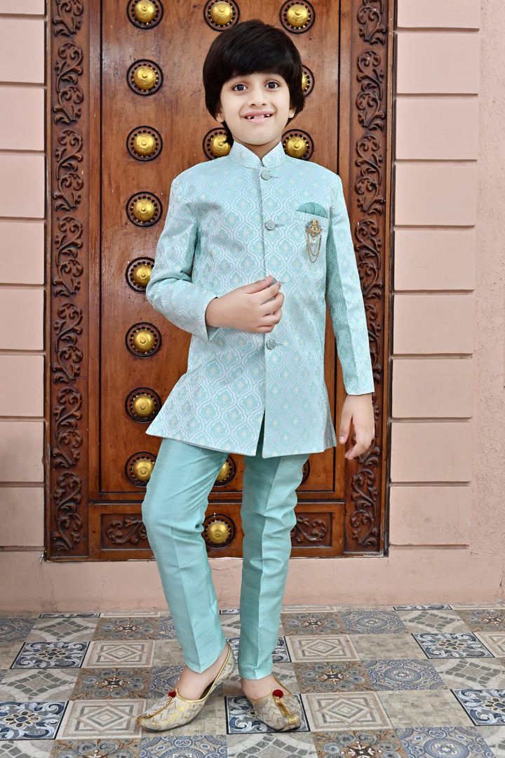 Boys Buti Pattern Jacquard Sherwani with Trousers Set - Sky Blue | SHOBITAM
