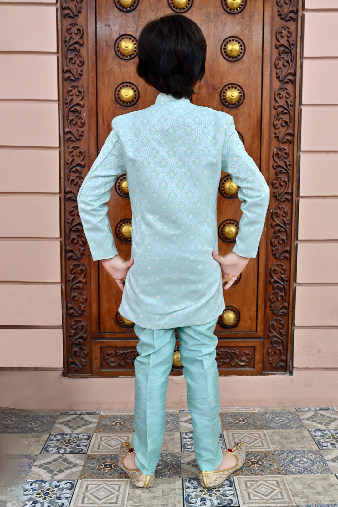 Boys Buti Pattern Jacquard Sherwani with Trousers Set - Sky Blue | SHOBITAM