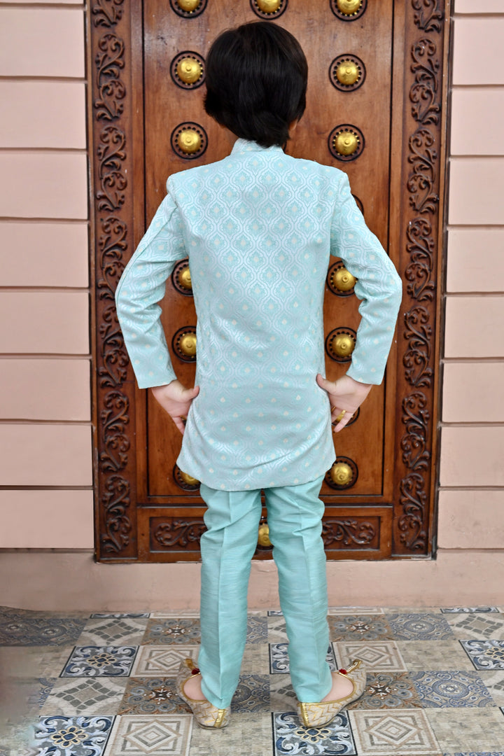 Boys Buti Pattern Jacquard Sherwani with Trousers Set - Sky Blue | SHOBITAM