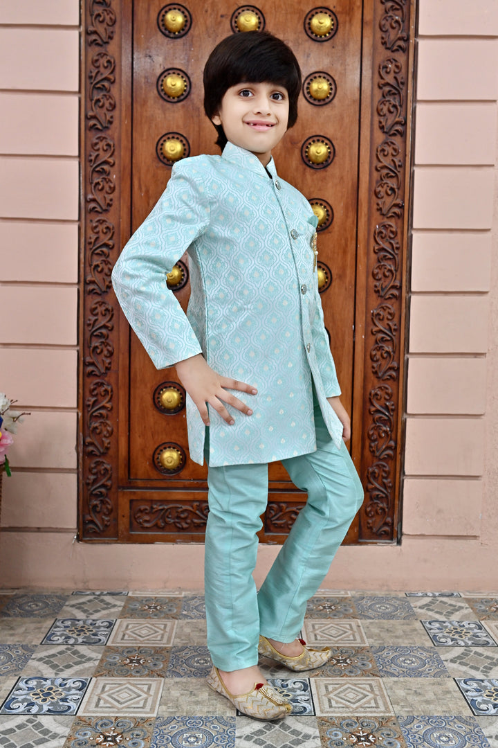Boys Buti Pattern Jacquard Sherwani with Trousers Set - Sky Blue | SHOBITAM