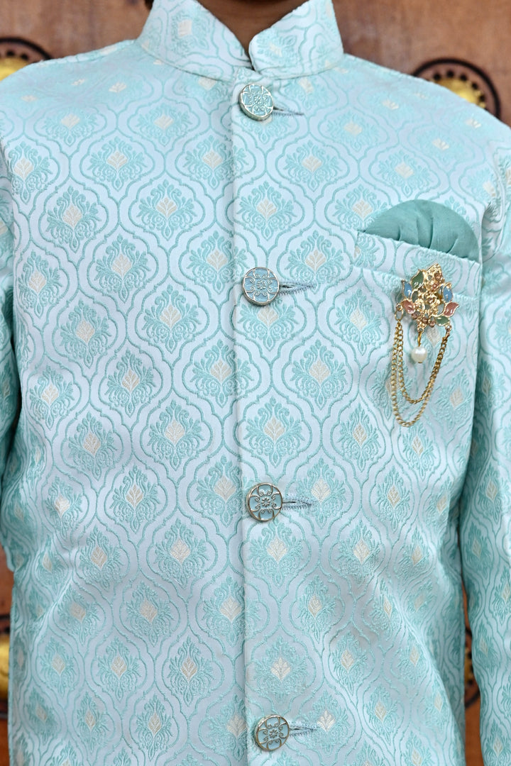 Boys Buti Pattern Jacquard Sherwani with Trousers Set - Sky Blue | SHOBITAM