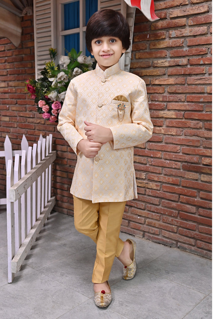 Boys Buti Pattern Jacquard Sherwani with Trousers Set - Tan Brown | SHOBITAM