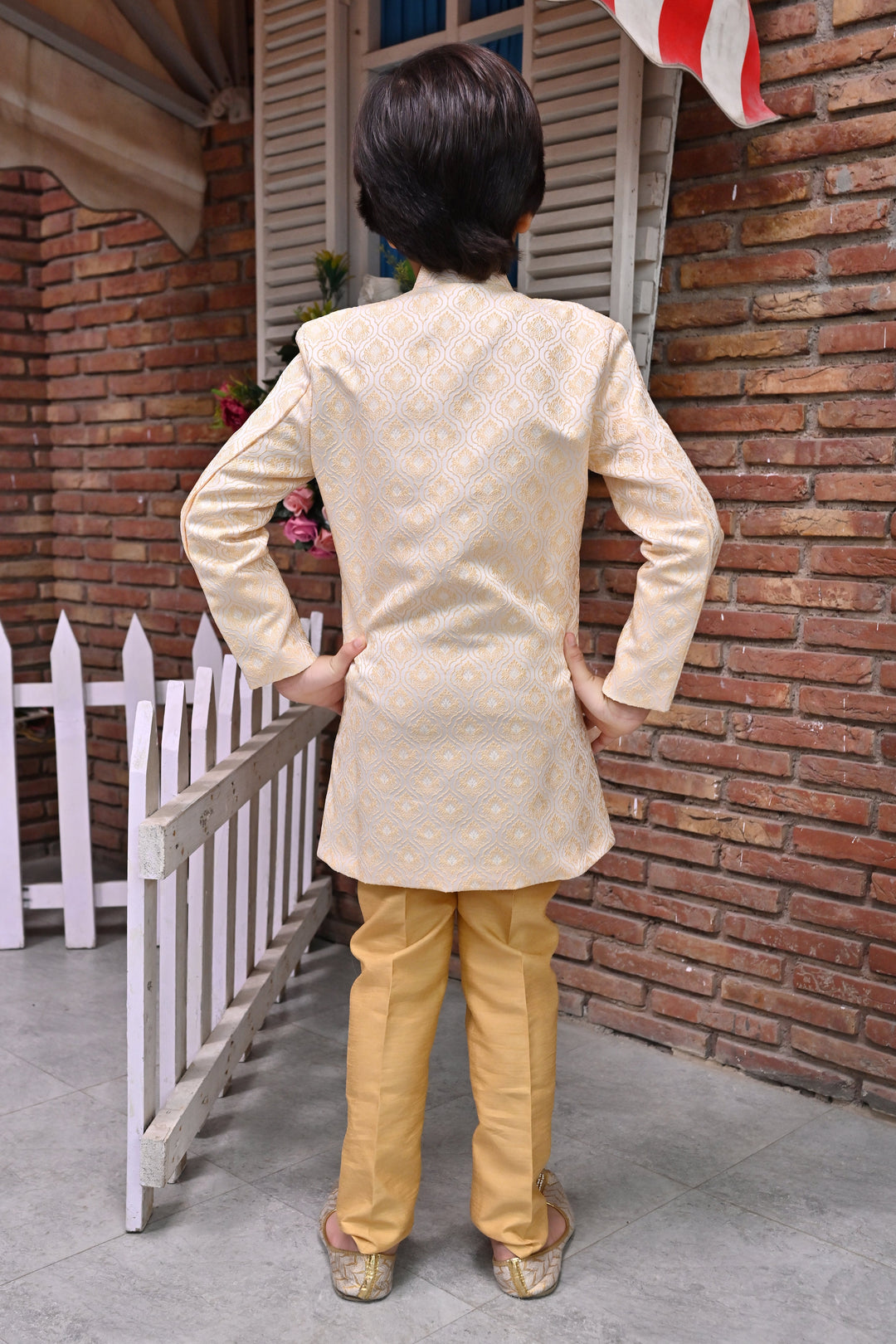 Boys Buti Pattern Jacquard Sherwani with Trousers Set - Tan Brown | SHOBITAM
