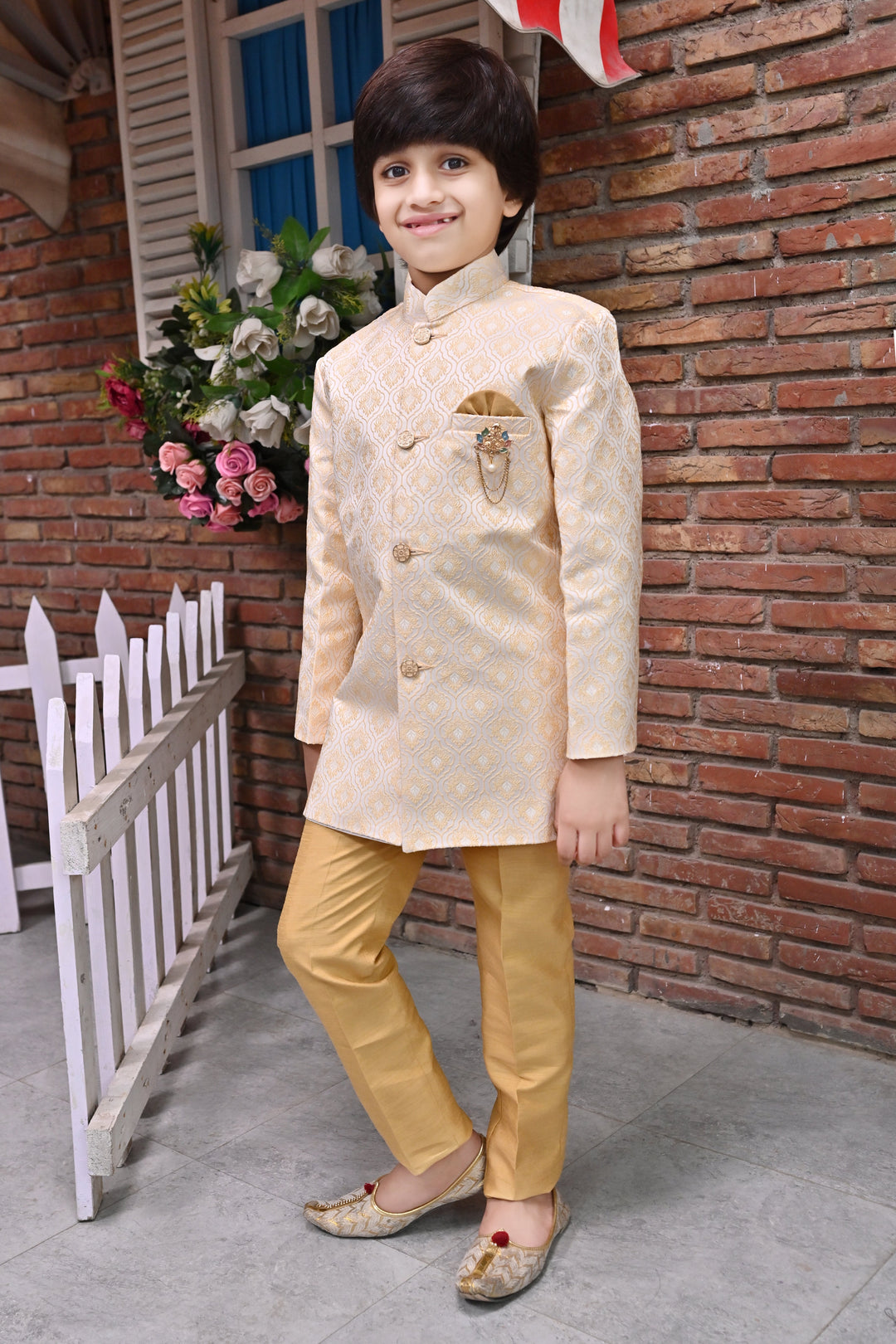 Boys Buti Pattern Jacquard Sherwani with Trousers Set - Tan Brown | SHOBITAM