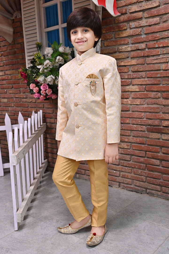 Boys Buti Pattern Jacquard Sherwani with Trousers Set - Tan Brown | SHOBITAM