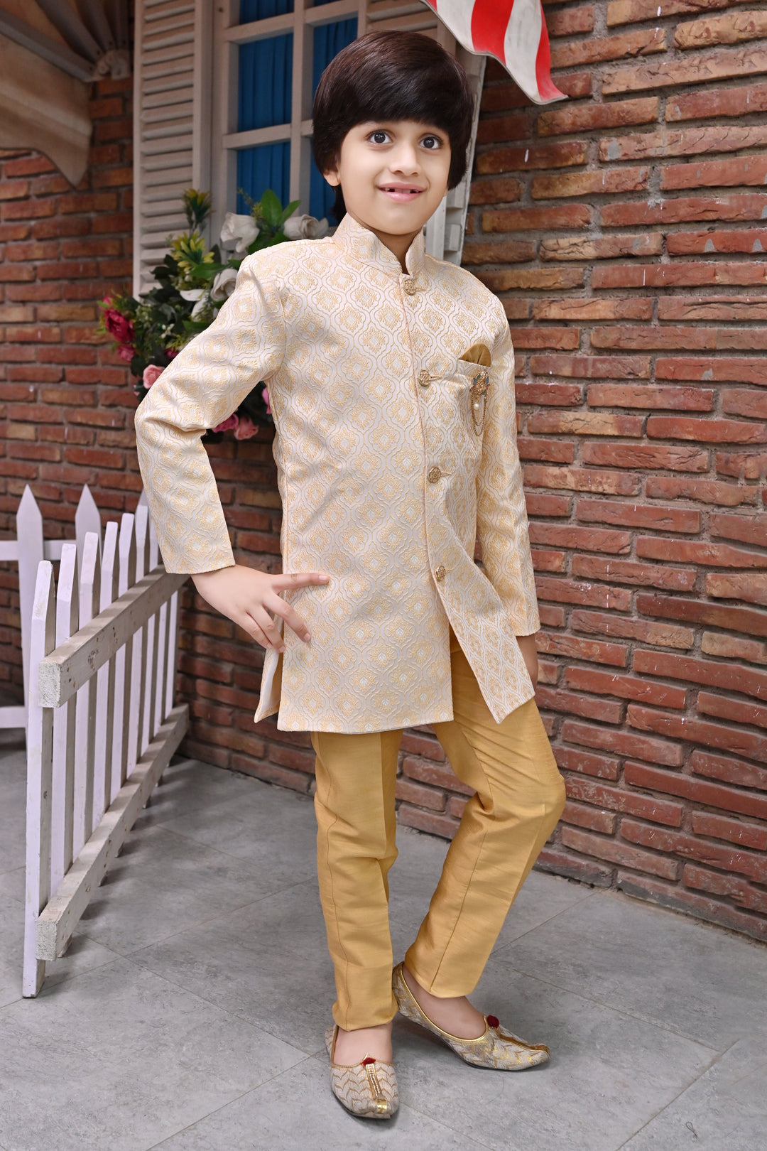 Boys Buti Pattern Jacquard Sherwani with Trousers Set - Tan Brown | SHOBITAM