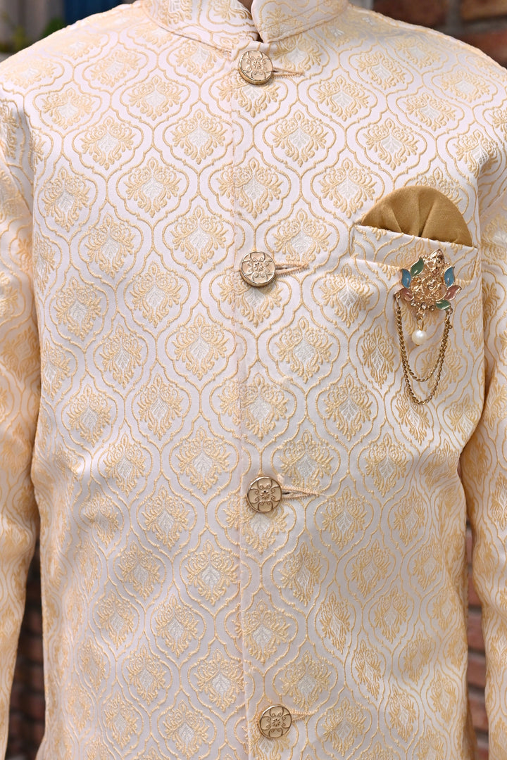 Boys Buti Pattern Jacquard Sherwani with Trousers Set - Tan Brown | SHOBITAM