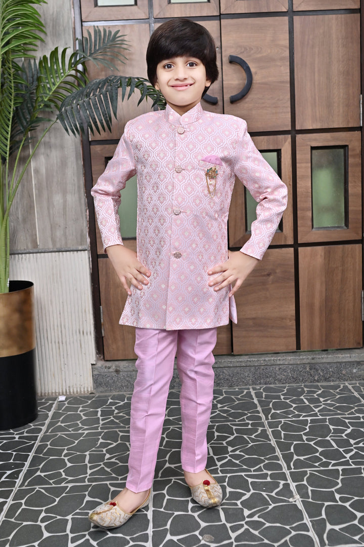 Boys Buti Pattern Jacquard Sherwani with Trousers Set - Onion | SHOBITAM