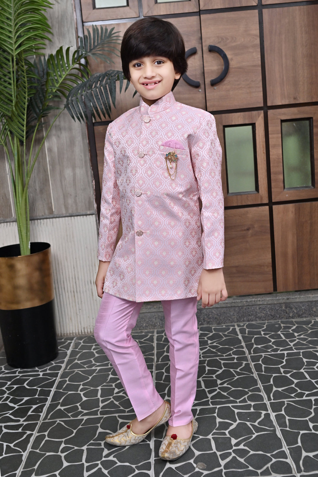 Boys Buti Pattern Jacquard Sherwani with Trousers Set - Onion | SHOBITAM