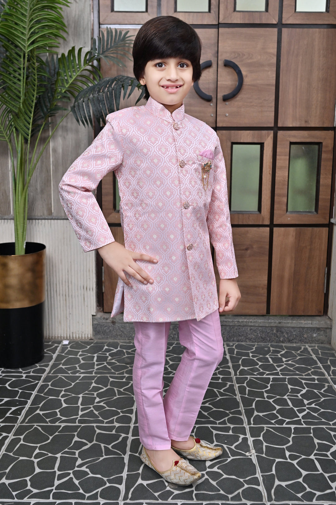 Boys Buti Pattern Jacquard Sherwani with Trousers Set - Onion | SHOBITAM