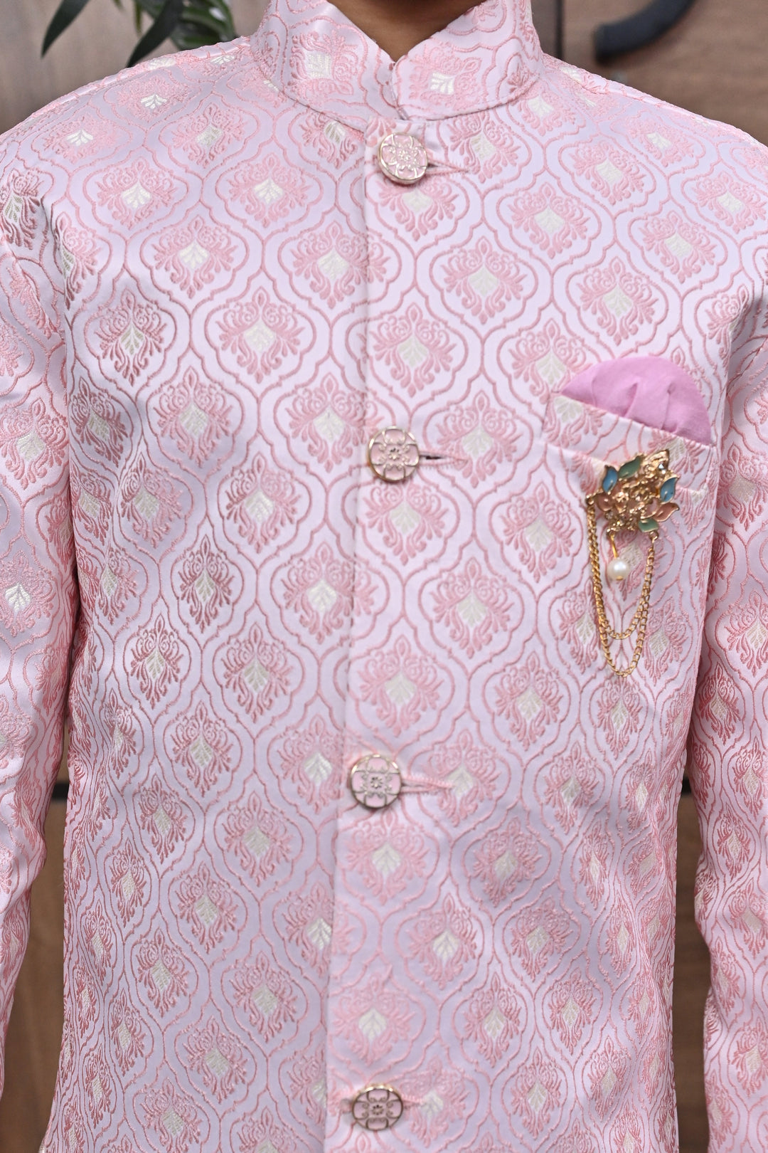 Boys Buti Pattern Jacquard Sherwani with Trousers Set - Onion | SHOBITAM