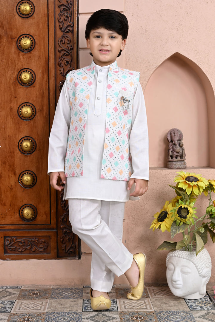 Boys Cotton Blend Geometric Sequined Kurta Pyjama & Shrug Set - Multicolor | SHOBITAM