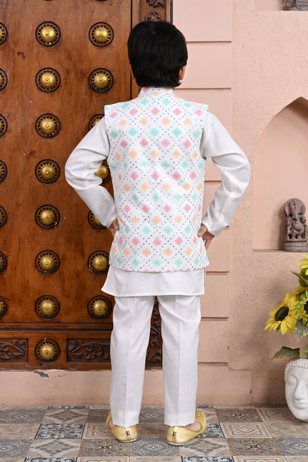 Boys Cotton Blend Geometric Sequined Kurta Pyjama & Shrug Set - Multicolor | SHOBITAM