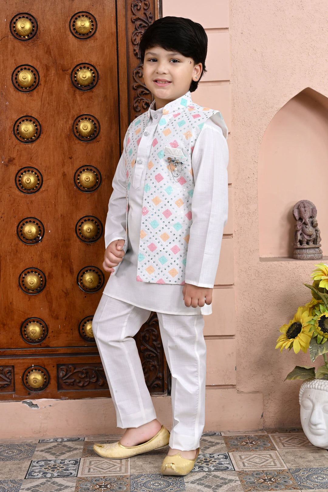 Boys Cotton Blend Geometric Sequined Kurta Pyjama & Shrug Set - Multicolor | SHOBITAM