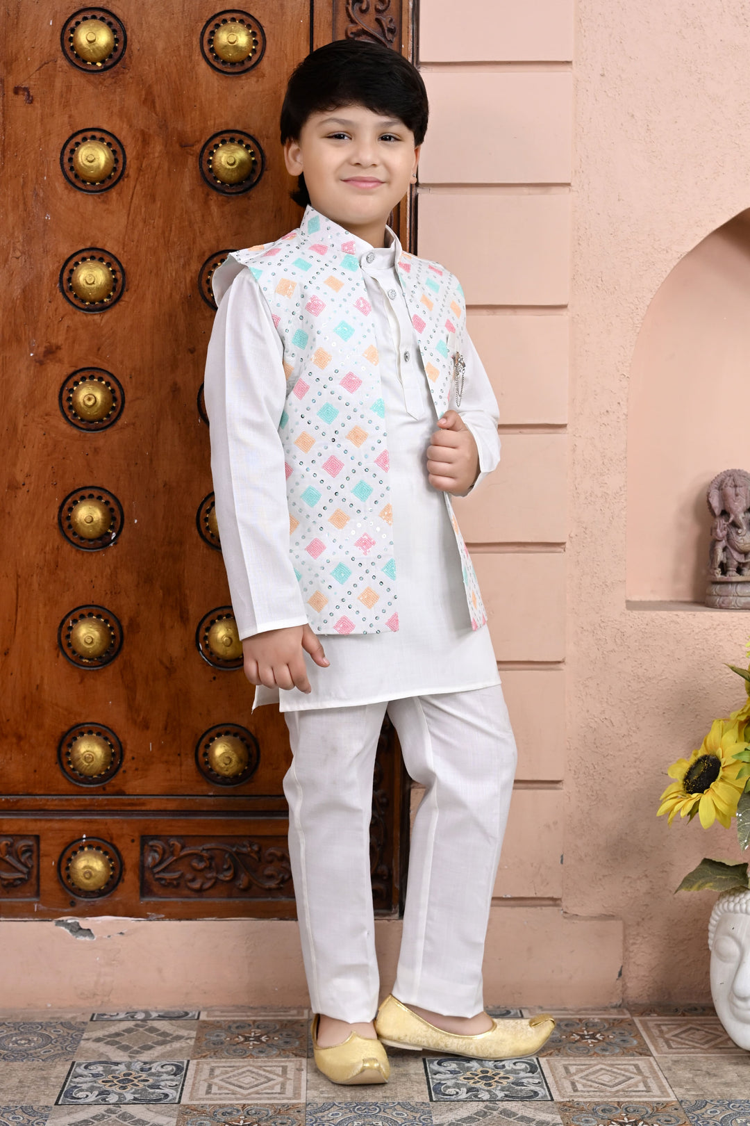 Boys Cotton Blend Geometric Sequined Kurta Pyjama & Shrug Set - Multicolor | SHOBITAM