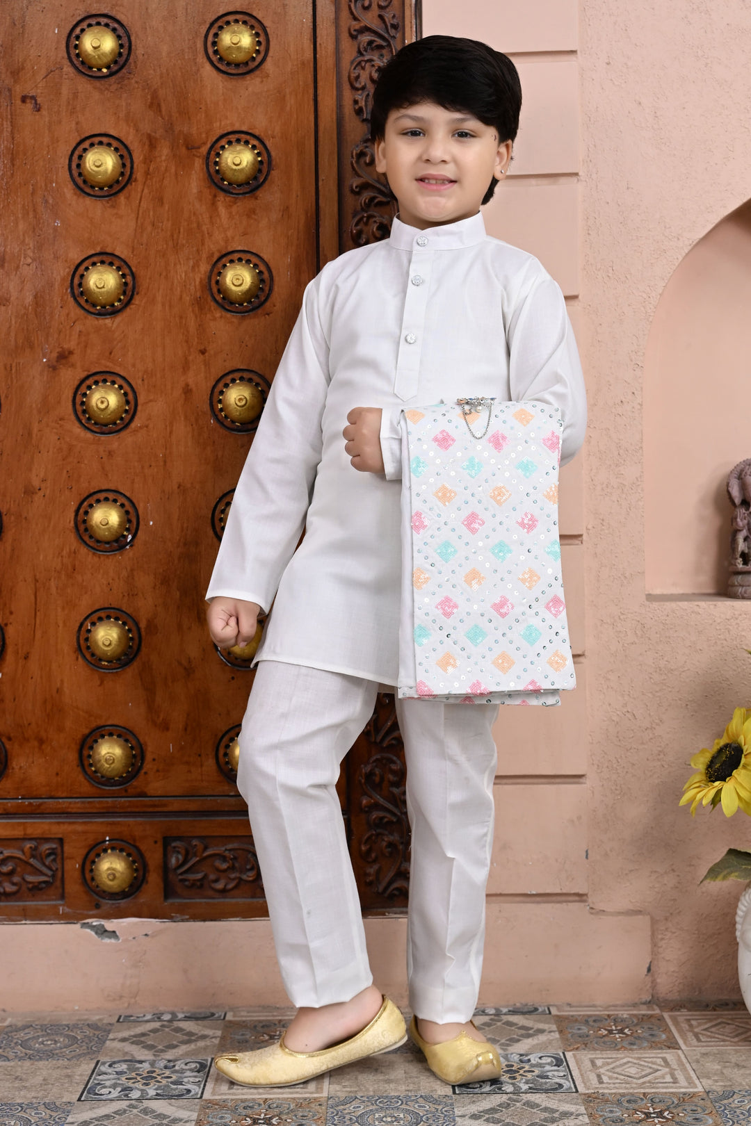 Boys Cotton Blend Geometric Sequined Kurta Pyjama & Shrug Set - Multicolor | SHOBITAM