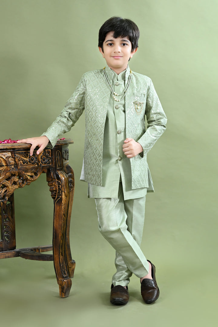 Boys Cotton Silk Geometric Embroidered Sequinned Sherwani with Pant & Necklace Set - Light Green | SHOBITAM