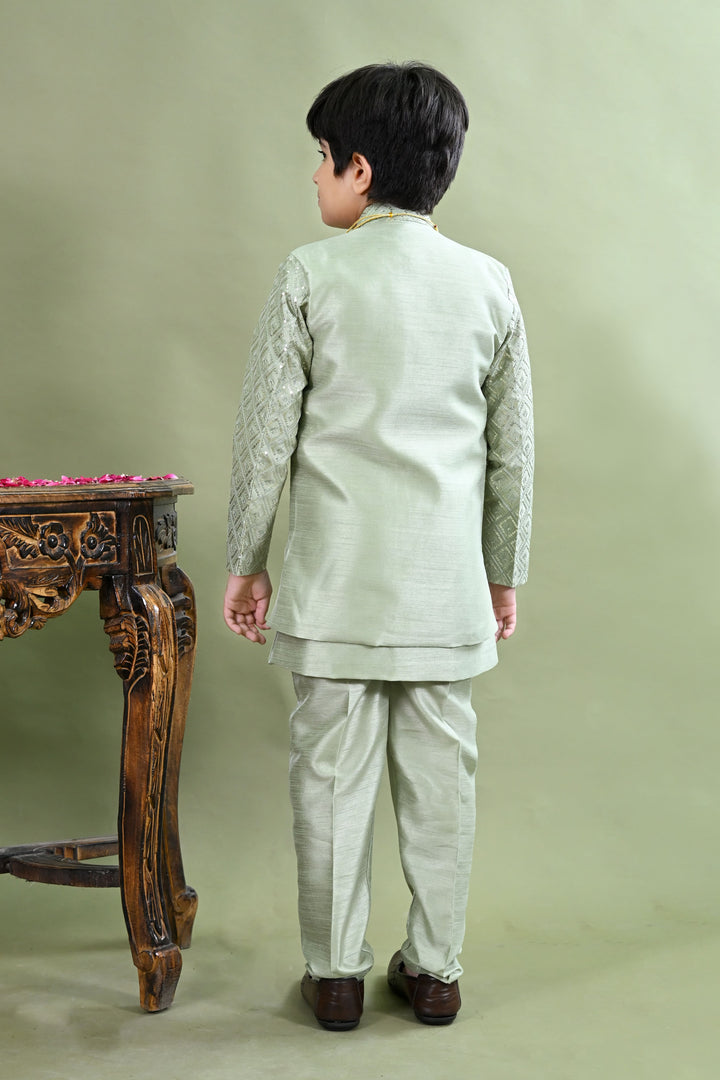 Boys Cotton Silk Geometric Embroidered Sequinned Sherwani with Pant & Necklace Set - Light Green | SHOBITAM