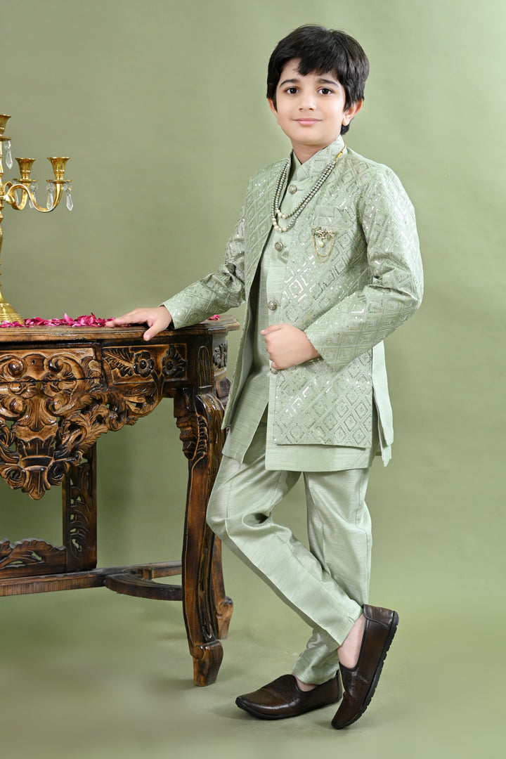 Boys Cotton Silk Geometric Embroidered Sequinned Sherwani with Pant & Necklace Set - Light Green | SHOBITAM