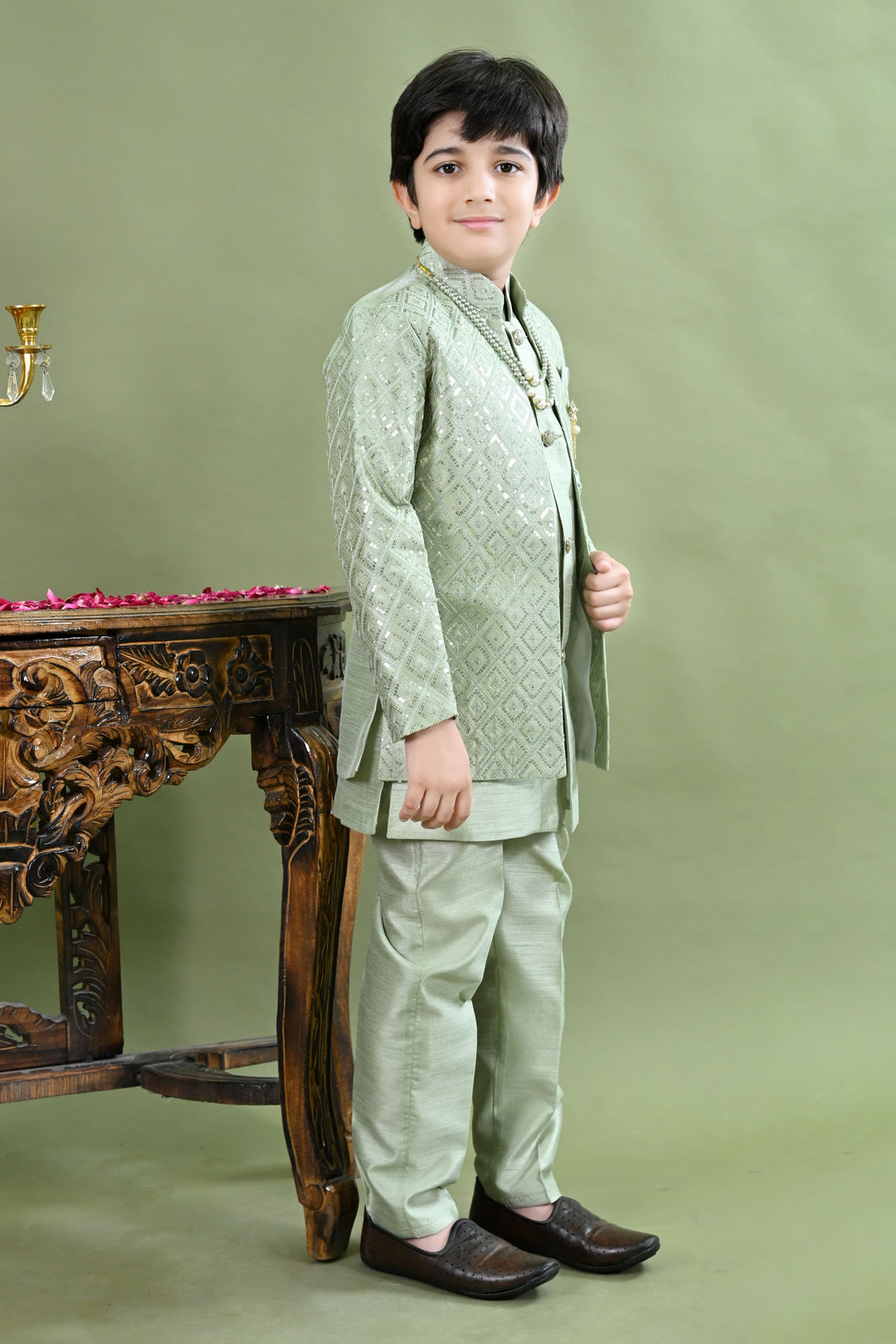 Boys Cotton Silk Geometric Embroidered Sequinned Sherwani with Pant & Necklace Set - Light Green | SHOBITAM