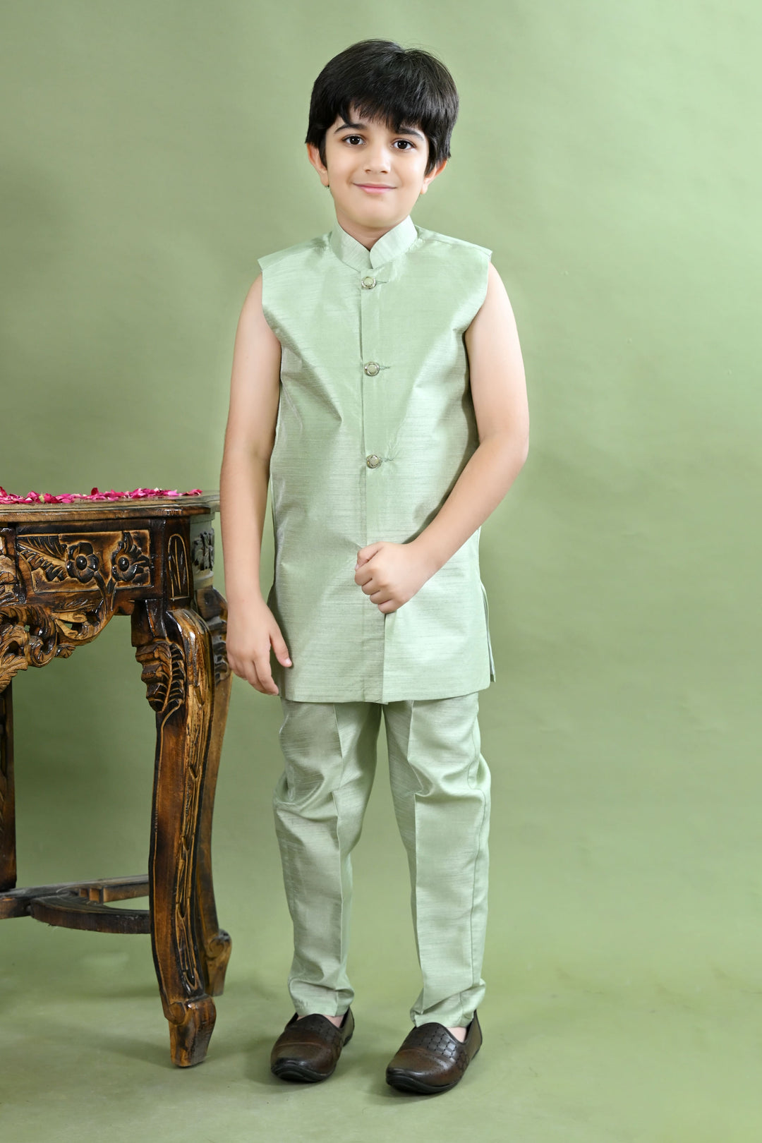 Boys Cotton Silk Geometric Embroidered Sequinned Sherwani with Pant & Necklace Set - Light Green | SHOBITAM