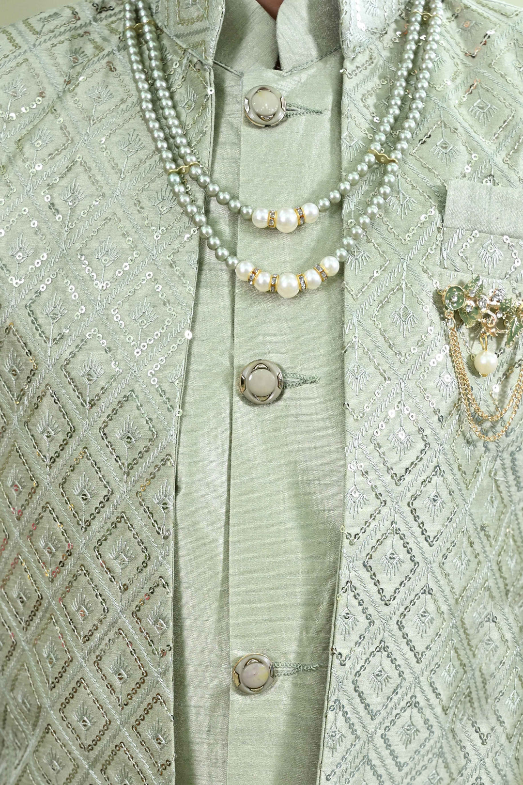 Boys Cotton Silk Geometric Embroidered Sequinned Sherwani with Pant & Necklace Set - Light Green | SHOBITAM