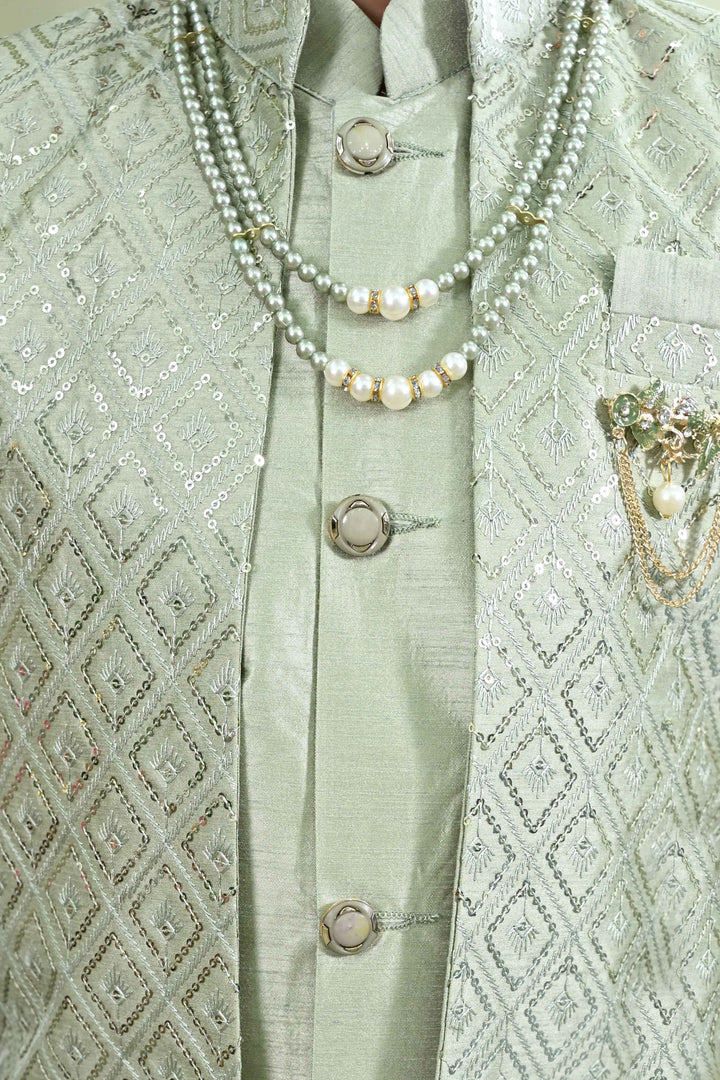 Boys Cotton Silk Geometric Embroidered Sequinned Sherwani with Pant & Necklace Set - Light Green | SHOBITAM
