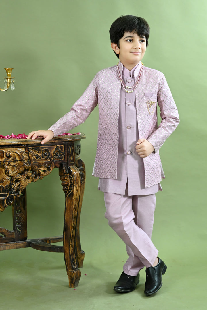 Boys Cotton Silk Geometric Embroidered Sequinned Sherwani with Pant & Necklace Set - Lilac | SHOBITAM