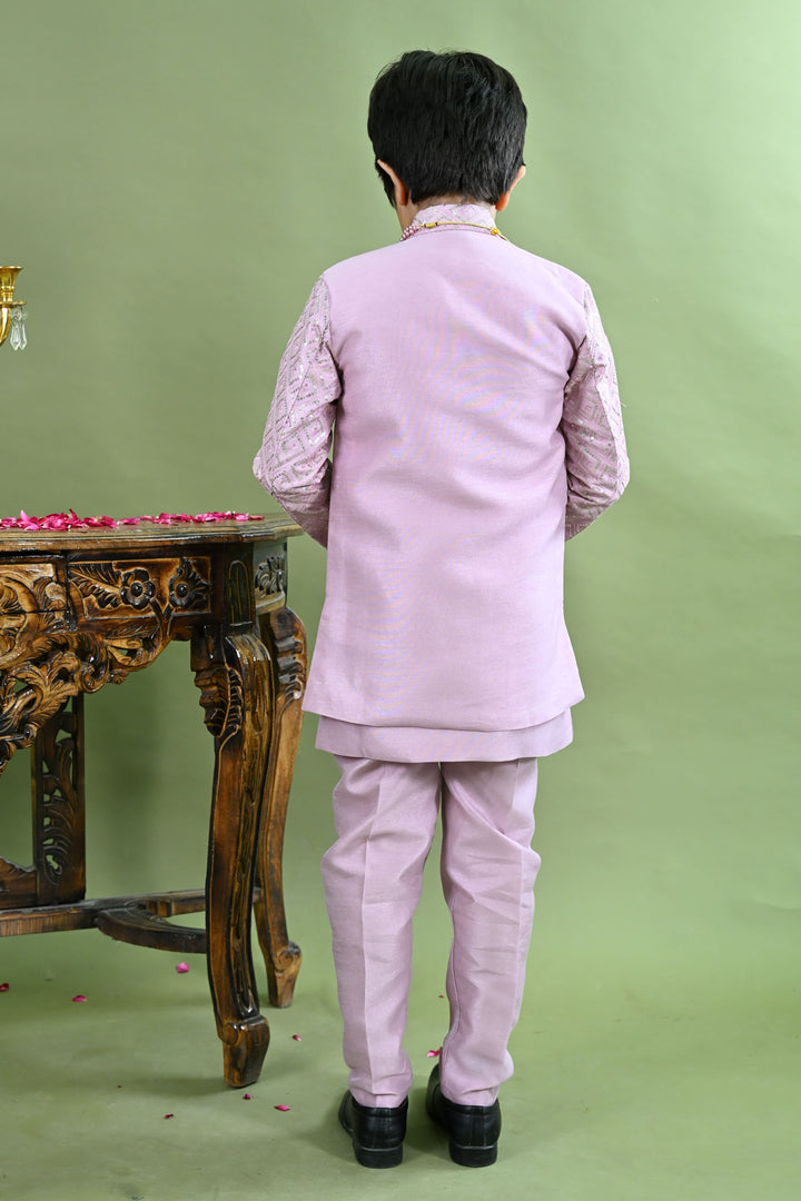 Boys Cotton Silk Geometric Embroidered Sequinned Sherwani with Pant & Necklace Set - Lilac | SHOBITAM