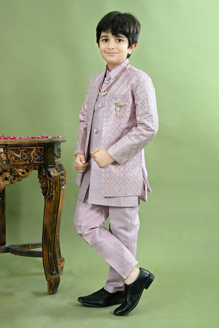Boys Cotton Silk Geometric Embroidered Sequinned Sherwani with Pant & Necklace Set - Lilac | SHOBITAM