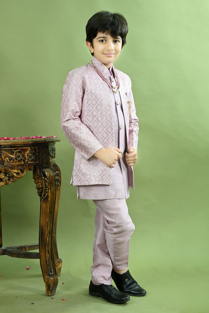 Boys Cotton Silk Geometric Embroidered Sequinned Sherwani with Pant & Necklace Set - Lilac | SHOBITAM