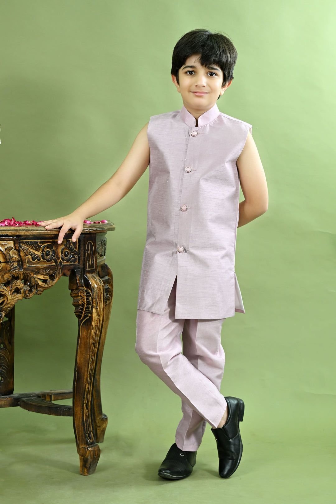 Boys Cotton Silk Geometric Embroidered Sequinned Sherwani with Pant & Necklace Set - Lilac | SHOBITAM