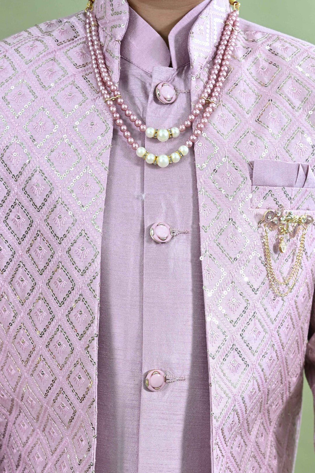 Boys Cotton Silk Geometric Embroidered Sequinned Sherwani with Pant & Necklace Set - Lilac | SHOBITAM