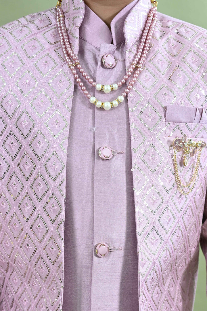 Boys Cotton Silk Geometric Embroidered Sequinned Sherwani with Pant & Necklace Set - Lilac | SHOBITAM