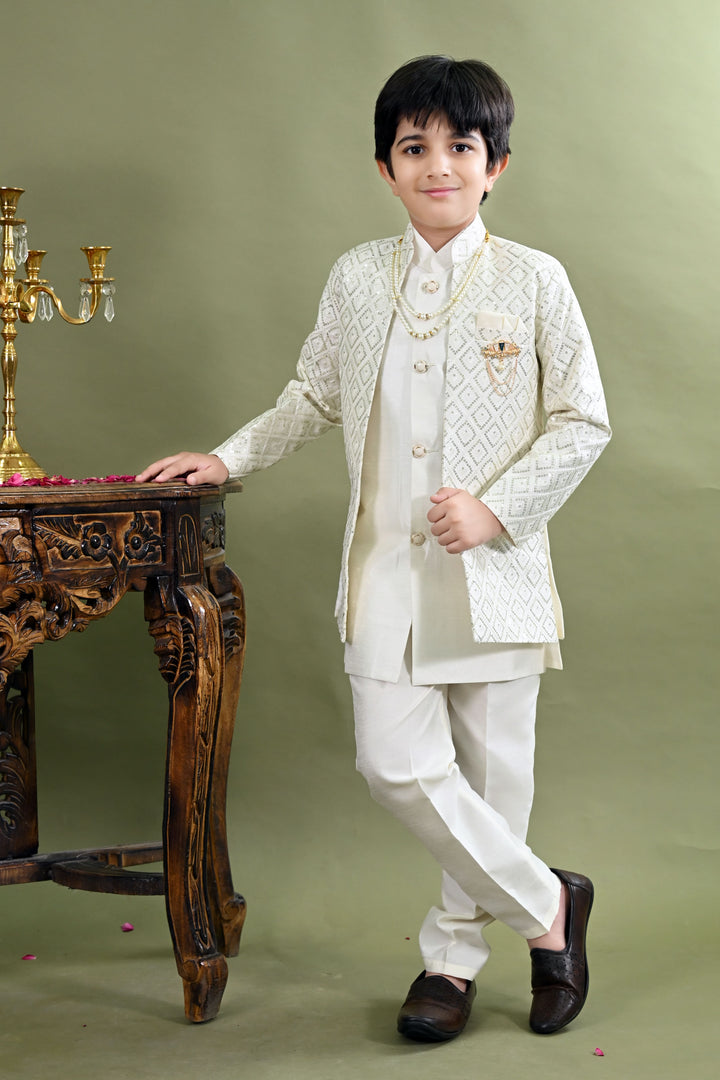 Boys Cotton Silk Geometric Embroidered Sequinned Sherwani with Pant & Necklace Set - White | SHOBITAM