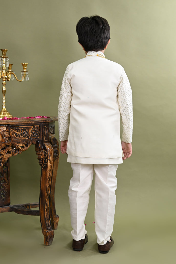 Boys Cotton Silk Geometric Embroidered Sequinned Sherwani with Pant & Necklace Set - White | SHOBITAM