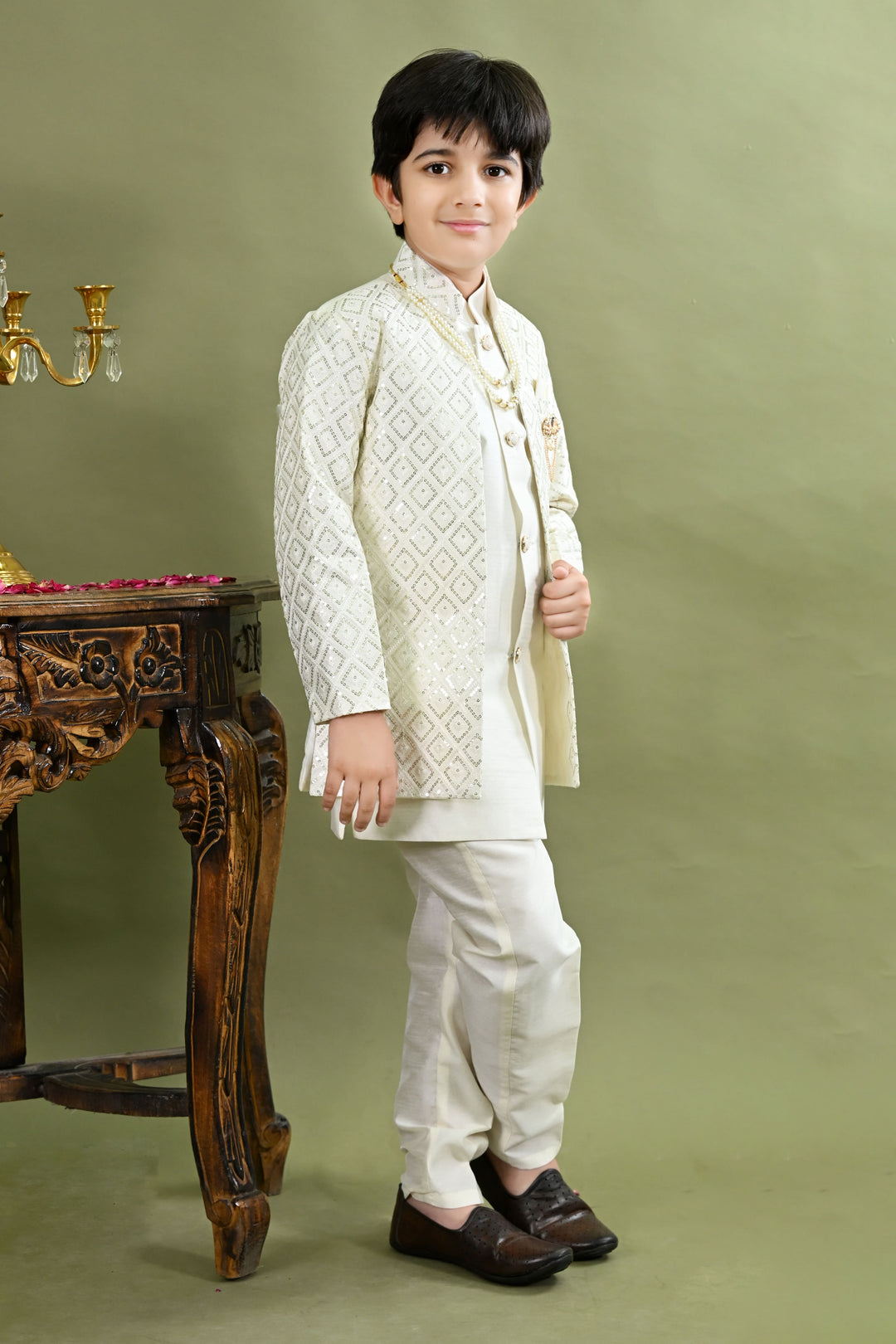 Boys Cotton Silk Geometric Embroidered Sequinned Sherwani with Pant & Necklace Set - White | SHOBITAM