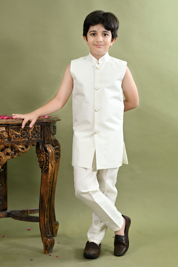 Boys Cotton Silk Geometric Embroidered Sequinned Sherwani with Pant & Necklace Set - White | SHOBITAM